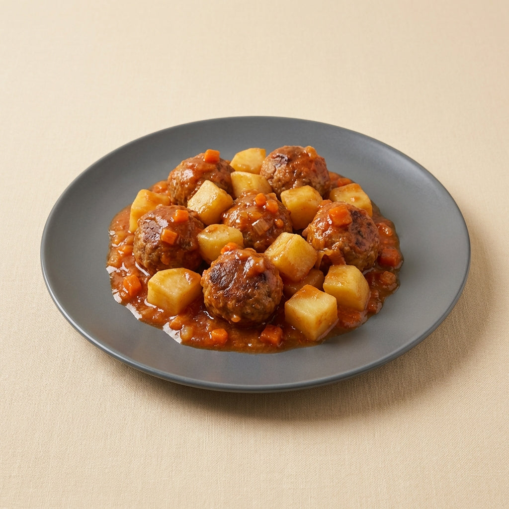 Albóndigas en salsa de tomate casero con patatas