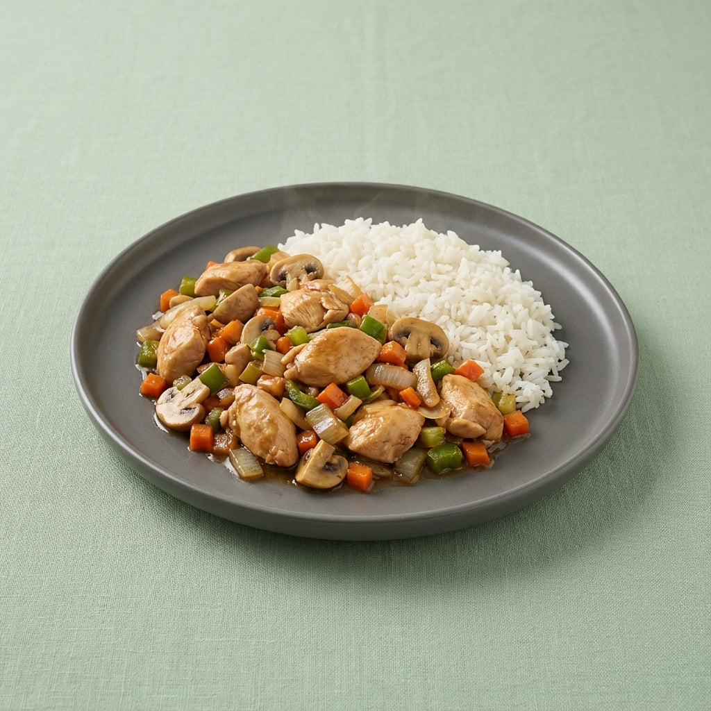 Pollo salteado con verduras, soja y arroz