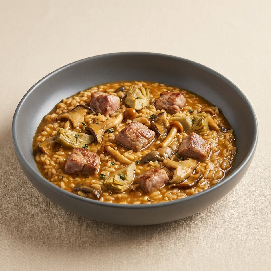 Arroz de presa, alcachofas y setas