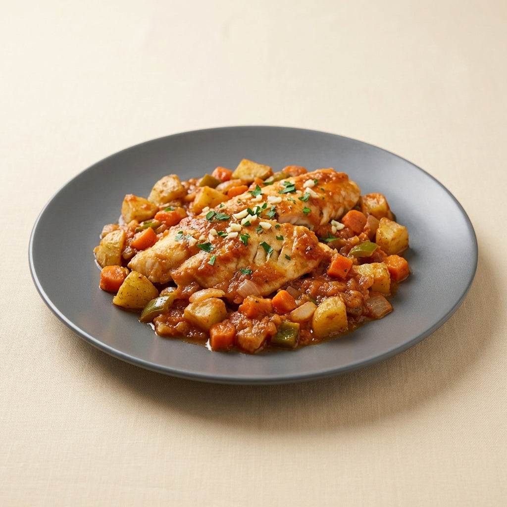 Merluza al horno con tomate y patatas