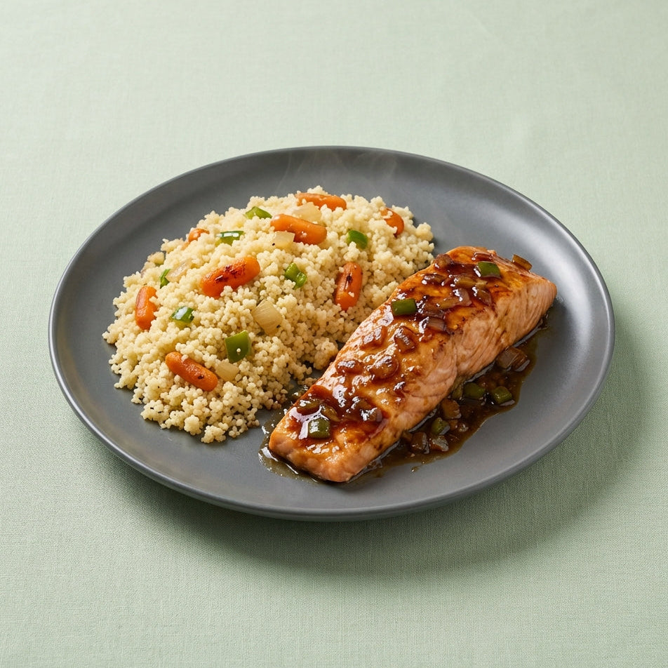 Salmón en salsa de soja con cous cous
