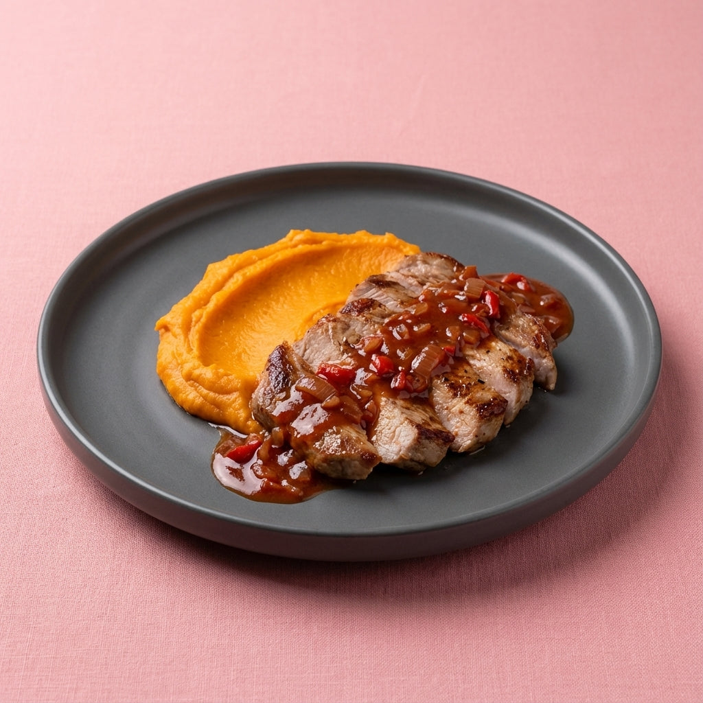 Secreto ibérico en salsa de vermout rojo y boniato asado