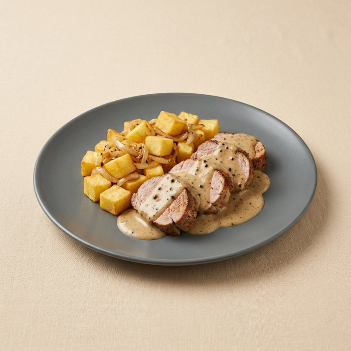 Solomillo de cerdo a la pimienta con patatas