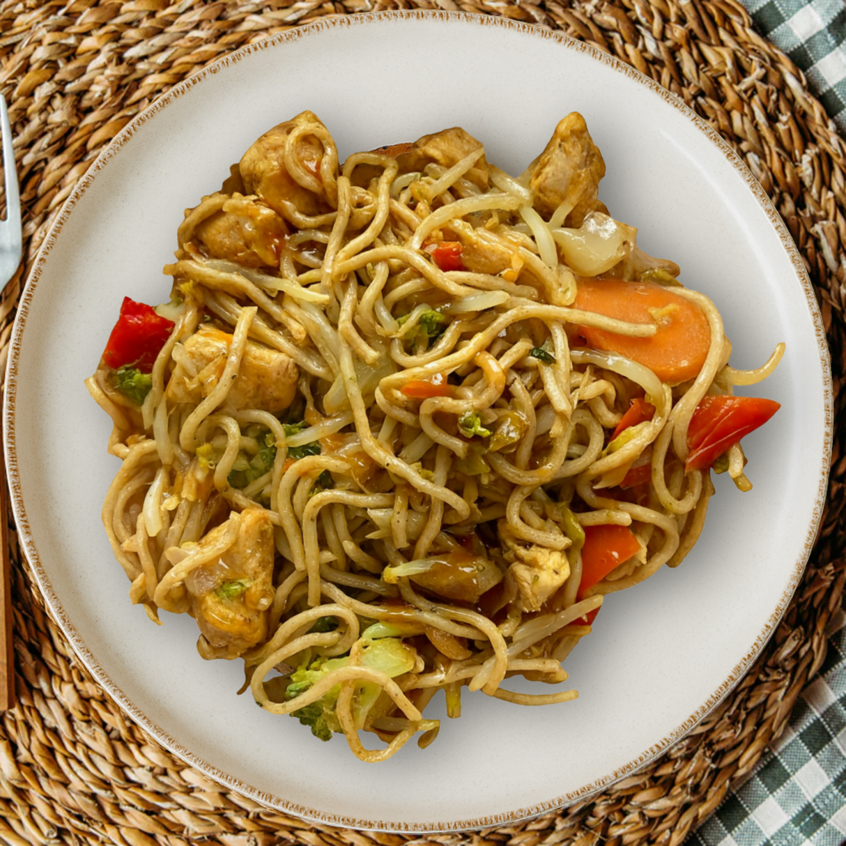 Noodles de pollo al curry con verduras