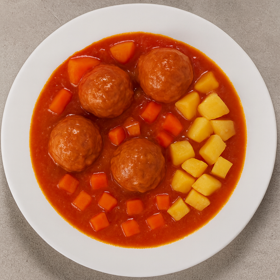 Albóndigas en salsa de tomate casero con patatas