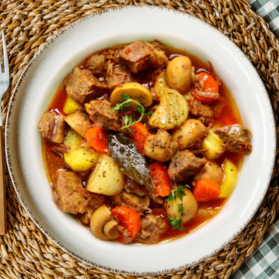 Redondo de pavo en salsa de verduras con patatas